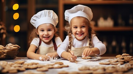 Happy family funny kids bake cookies in kitchen. Creative and happy childhood concept
