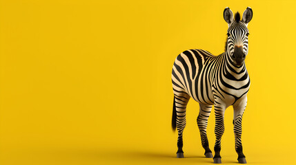 zebra standing on yellow background with copy space
