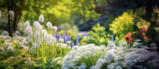 In the isolated summer landscape a vibrant floral pattern with white flowers brings to life the beauty of nature in the background creating a stunning contrast against the light and colorfu