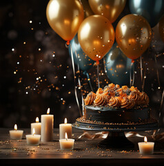 Birthday cake with candles and balloons on dark background, closeup