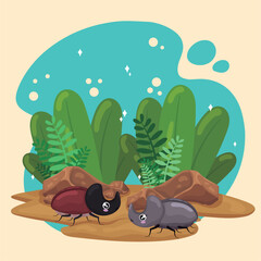 Cute beetle insect characters on the ground with leaves Vector © laudiseno