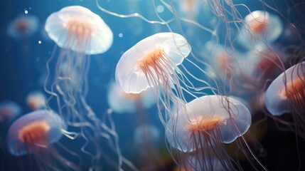 A group of jellyfish swimming in the ocean. Generative AI.