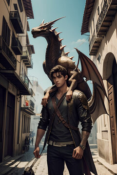Image generated from A.I. of a young man in the middle of the city with his dragon on his shoulder