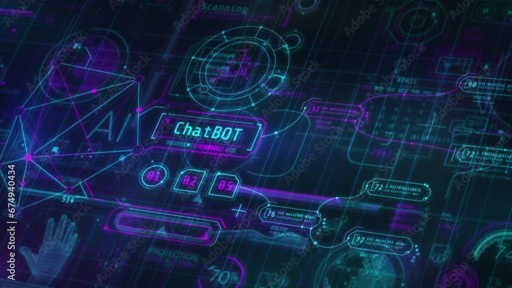 Poster virtual space with animated artificial intelligence infographics.