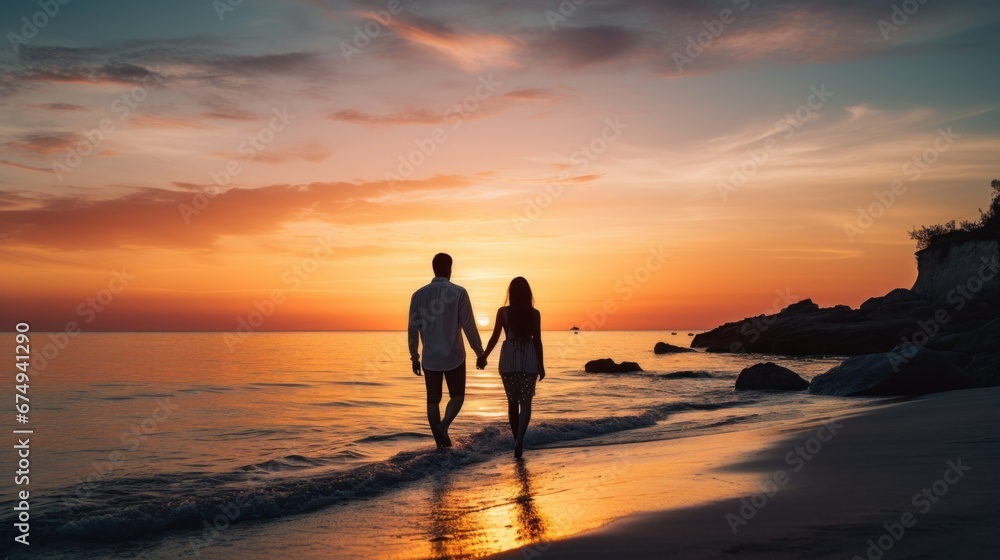 Canvas Prints a man and a woman walking on a beach at sunset