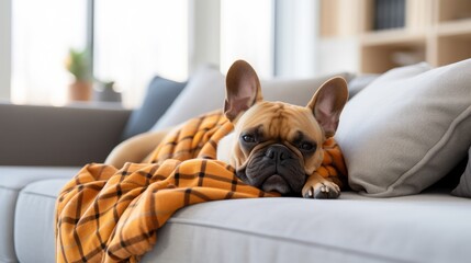 French bulldog dog lying on white sofa - Powered by Adobe