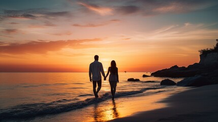 A man and a woman walking on a beach at sunset