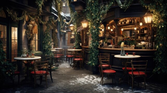 A dimly lit restaurant with red chairs and tables