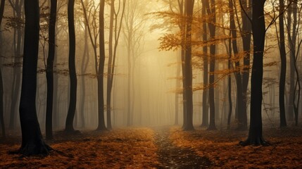 A foggy forest with a path in the middle