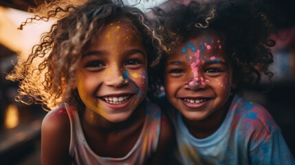 Two young girls with colorful paint on their faces - obrazy, fototapety, plakaty