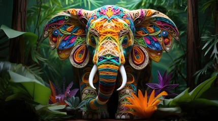 A colorful elephant statue in a jungle setting. Generative AI. - obrazy, fototapety, plakaty