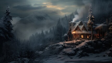 A cabin in a snowy mountain with a light on