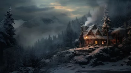 Foto op Canvas A cabin in a snowy mountain with a light on © Maria Starus