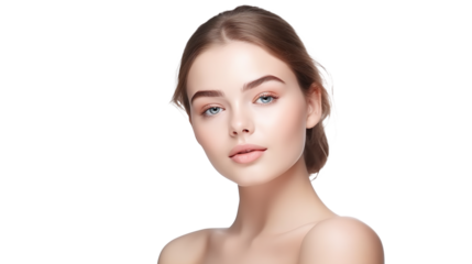 beauty portrait of a cool female caucasian model with brunette hair combed back isolated against transparent background