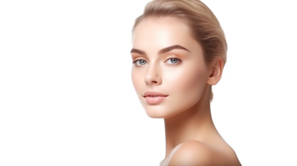 beauty portrait of a cool female model with blue eyes and blonde hair combed back isolated against transparent background