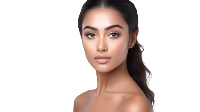 beauty portrait of a cool female indian model with her black hair combed back isolated against transparent background