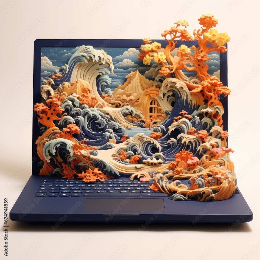 Poster a laptop computer with a picture of a boat on the screen. generative ai.
