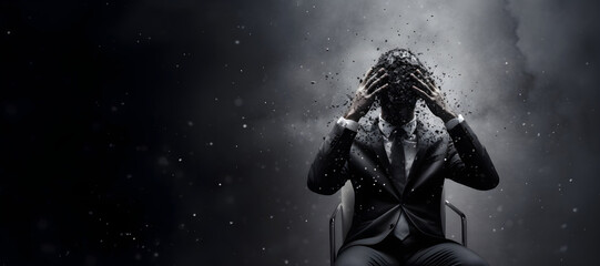 Surreal image of a man with an exploding head in a chair, a powerful visual representation of stress, anxiety, mental health with copy text space