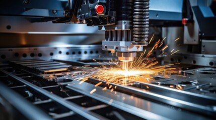 CNC Laser cutting of metal, modern industrial technology Making Industrial Details. The laser optics and CNC (computer numerical control) are used to direct the material or the laser beam generated. - obrazy, fototapety, plakaty