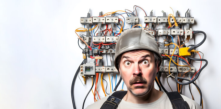 electrician is comically overwhelmed by the sheer amount of damage on an electric panel. A lighthearted take on electrical mishaps and the challenges they bring