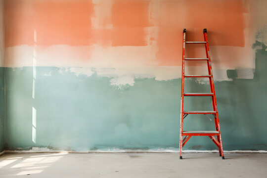  ladder against an unpainted wall with copy text space.image for home improvement, new beginnings, and fresh starts