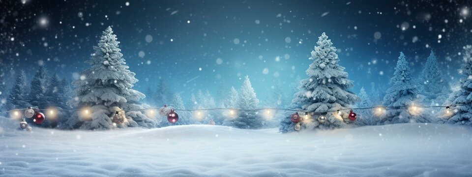 Xmas tree with snow decorated with garland lights, holiday festive background, generative ai