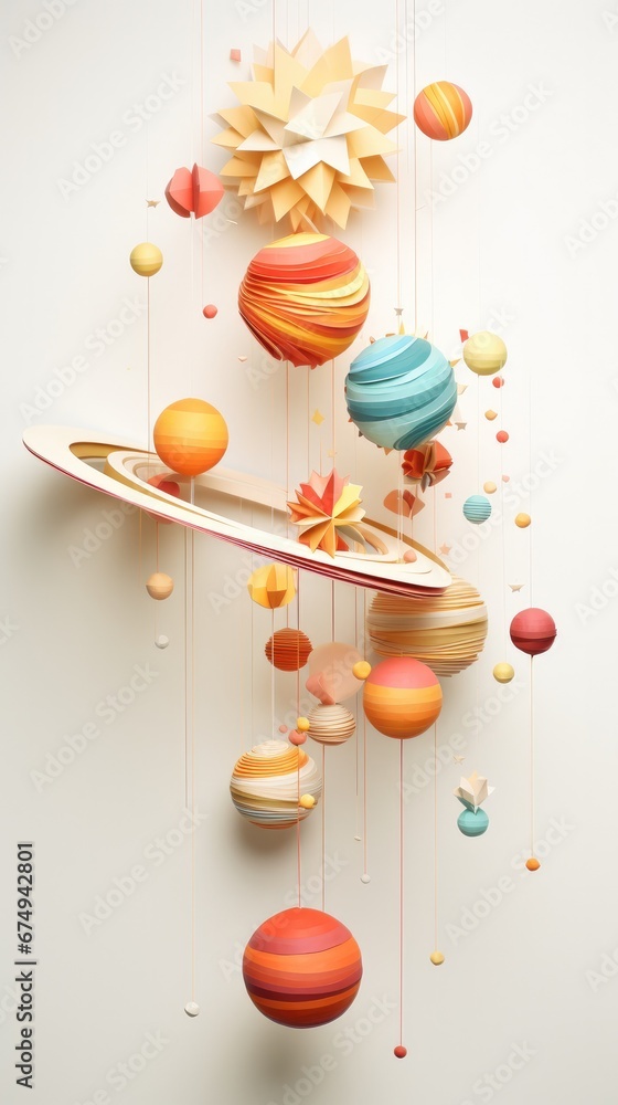 Aufkleber a surfboard is hanging from a string of paper planets. generative ai.
