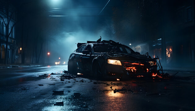 Car crash in the middle of the night. Background of a car crash with space for text