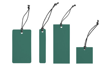 Various shape of blank green paper label or cloth tag set isolated on white, transparent background, PNG. Price tag mockup template with copy space for brand, information. Shopping, black friday sale