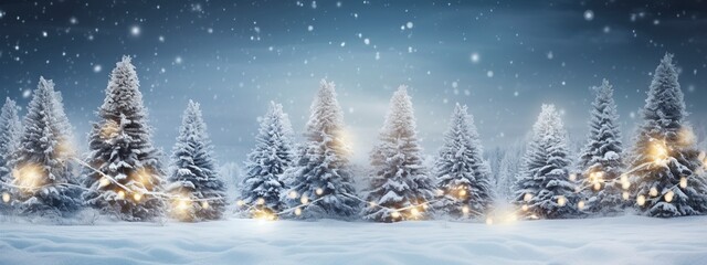 Xmas tree with snow decorated with garland lights, holiday festive background, generative ai