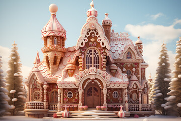 Fantasy gingerbread house in forest for Christmas holiday.