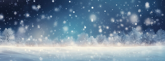 Winter snow background with snow, with beautiful light and snow flakes on the blue sky in the evening, copy space.