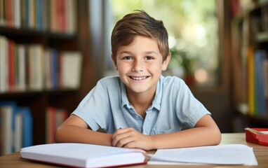 A smiling boy doing homework at home