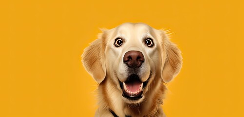 portrait of a golden retriever dog with a surprised expression, looking into the camera isolated a yellow background.
 - obrazy, fototapety, plakaty