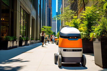 Efficient delivery robot in the jungle of New York skyscrapers on a bright sunny day - obrazy, fototapety, plakaty