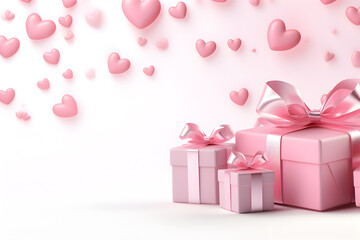 Background with pink presents and hearts for valentine's day. Copy space. Valentine's day concept 