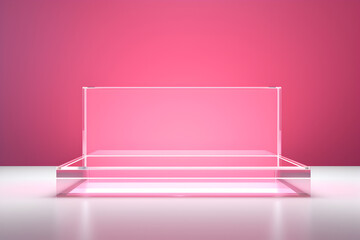 Transparent crystal empty podium for product presentation on a pink background. 3d rendering illustration