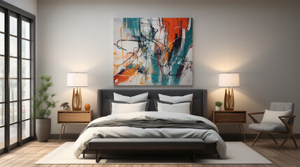 Bellissima camera da letto con arredamento minimalistico, con colori forti ed eleganti e quadri sul muro - obrazy, fototapety, plakaty