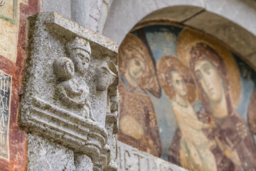 Stone carving on the walls of the Moraca monastery in Montenegro