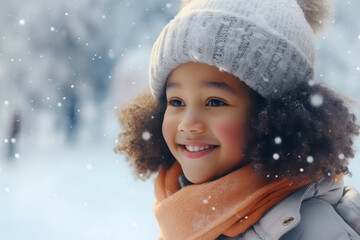 Portrait of a beautiful happy little black girl outside in the snow. Copy space