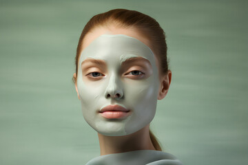 Portrait of a Beautiful gorgeous woman with a green facial mask in her face in a green background with copy space