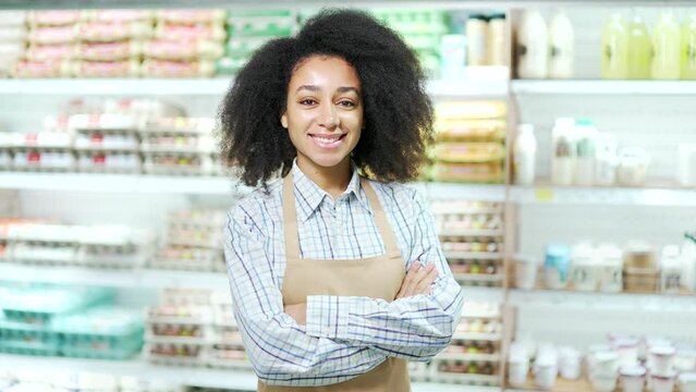 portrait of happy african american female small business owner standing in grocery store behind counter. Woman manager employee looking at camera. friendly administrator food market worker in apron