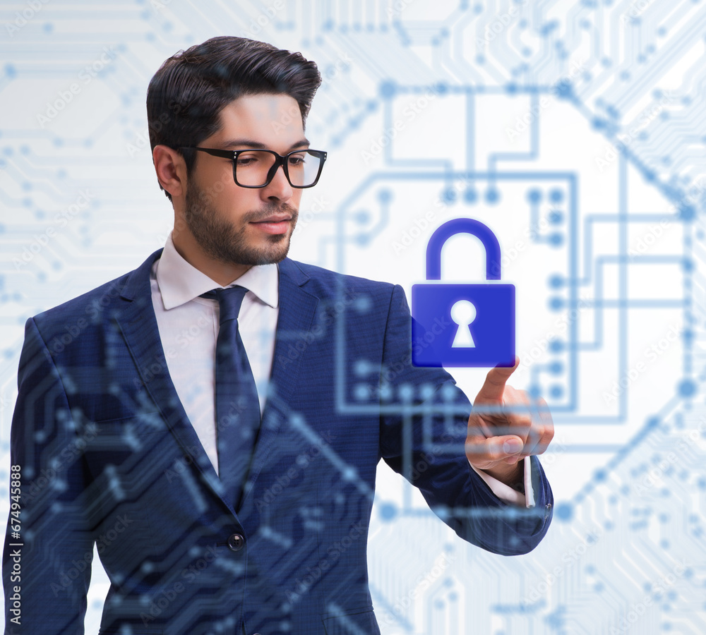 Aufkleber man in digital security concept pressing button
