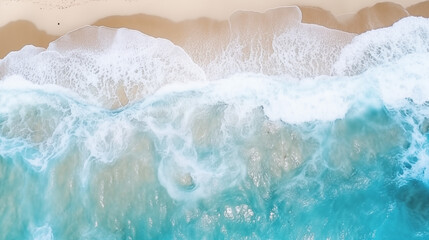 Aerial Top View Ocean Sea Water Background with White Wave Splashing.