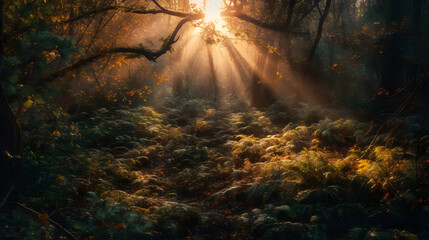 Magical forest with luminous flora at golden hour; mystic scene emerging from lush undergrowth, bathed in warm light.