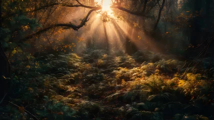 Foto auf Alu-Dibond Magical forest with luminous flora at golden hour  mystic scene emerging from lush undergrowth, bathed in warm light. © Piotr