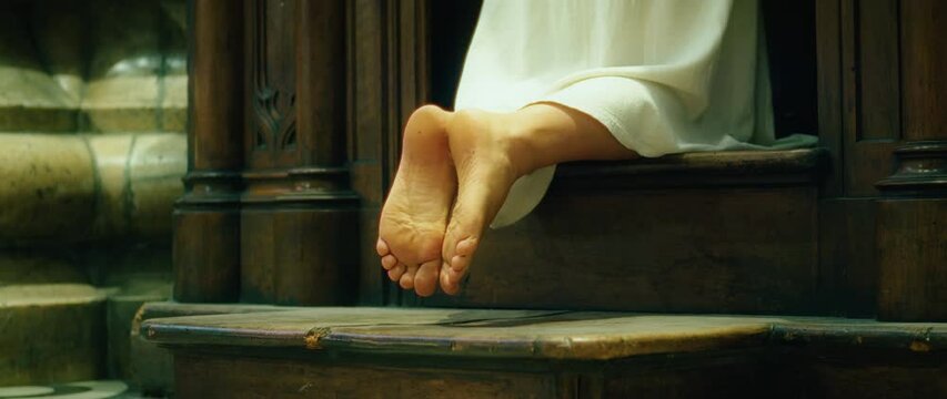 Bare feet of a pilgrim tramp praying in church. God-fearing woman prays in church.