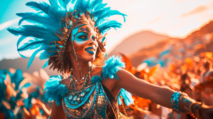 Person dancer  in costume at Carnival of Rio de Janeiro 