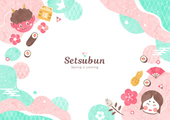 節分の背景フレーム 鬼と恵方巻きのポップな水彩イラスト枠 ピンク＆ミント