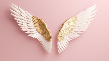 golden and white  angel wings isolated  on a pink background. gold and white  wings. - obrazy, fototapety, plakaty